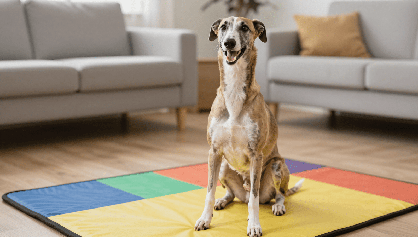 Can a Greyhound Sit training session in a living room