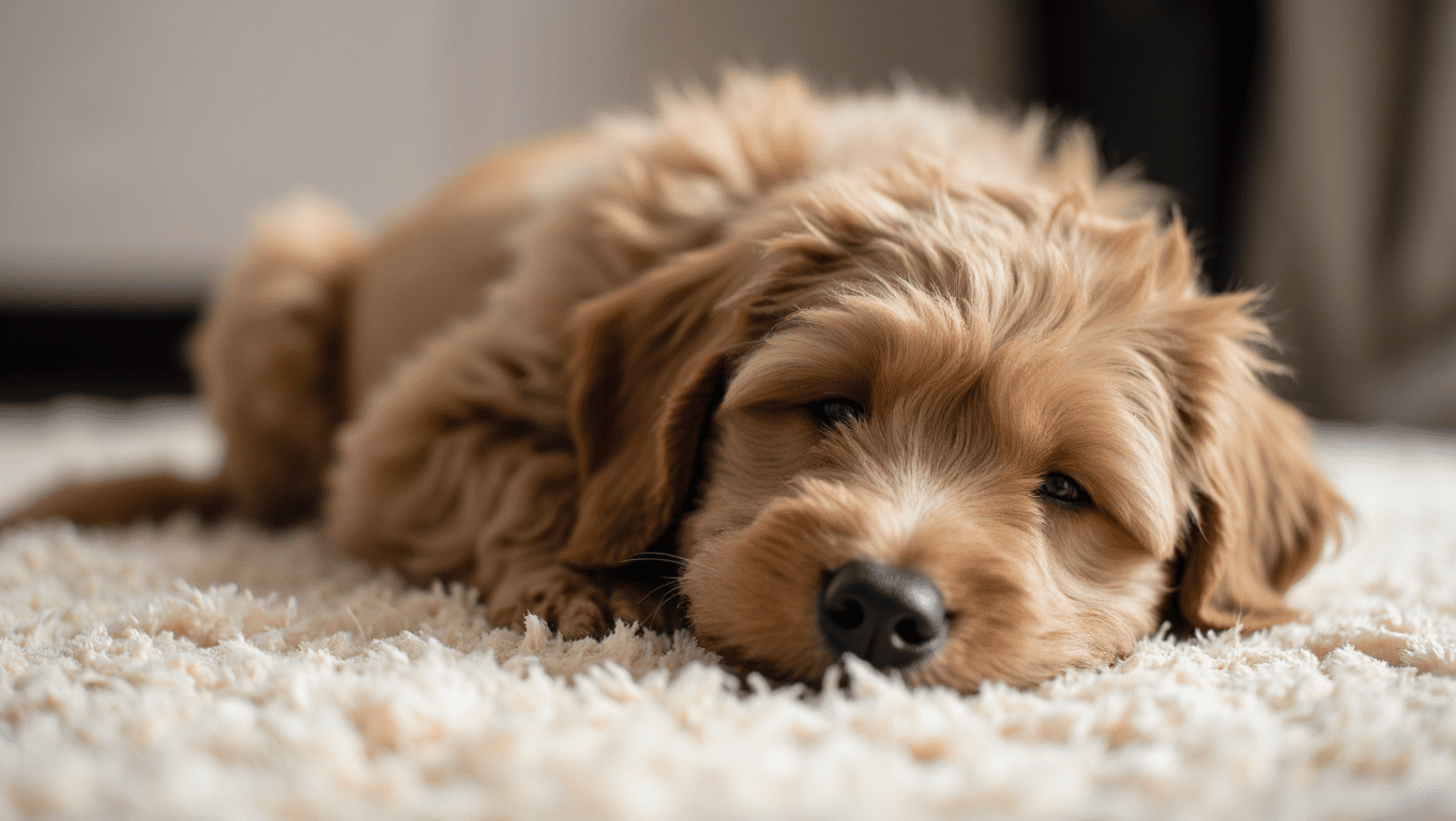 Calm cockapoo puppy sitting quietly and relaxed indoors, showing gentle behavior and peaceful expression