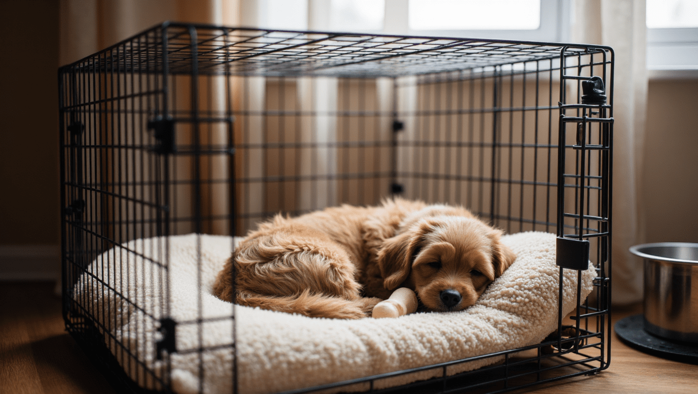 Cockapoo dog resting comfortably in a spacious, well-ventilated crate designed for safety and suitable size guidance.