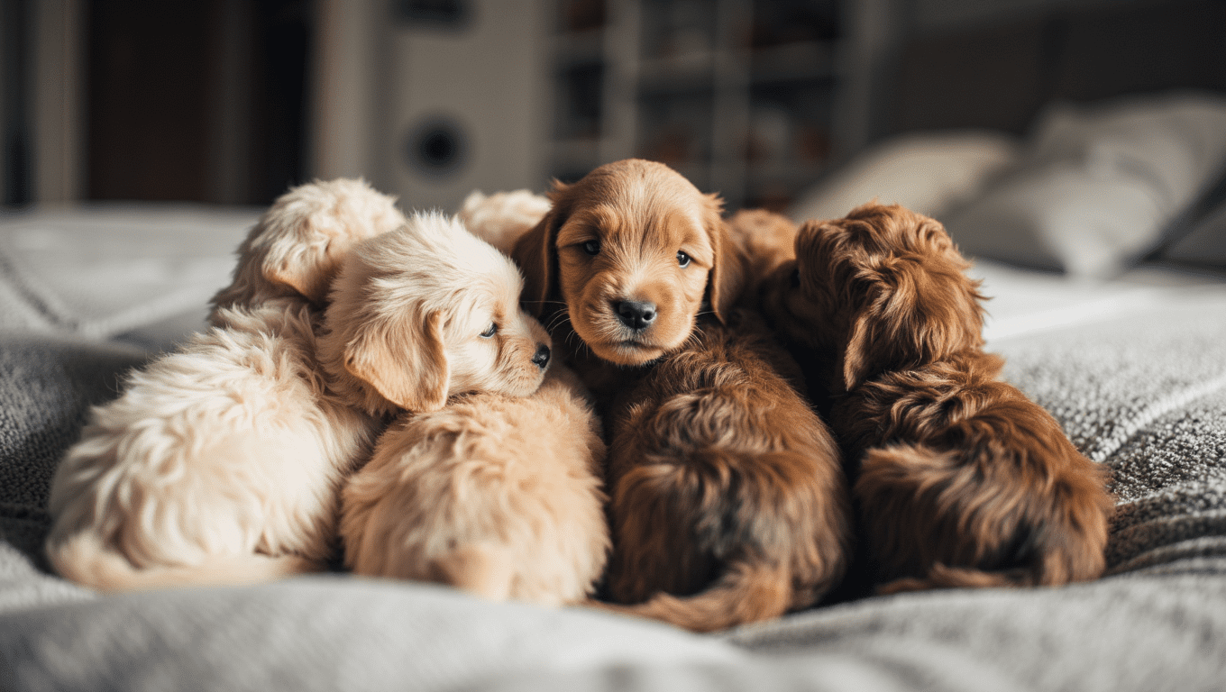 Cockapoo puppies playing happily outdoors, showcasing their hypoallergenic, low-shedding coat perfect for allergy sufferers.