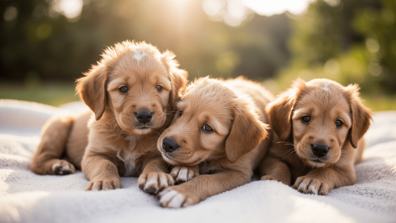 Two adorable Cockapoo puppies sitting on soft grass, showing different stages of growth, with a timeline and care tips for their development.