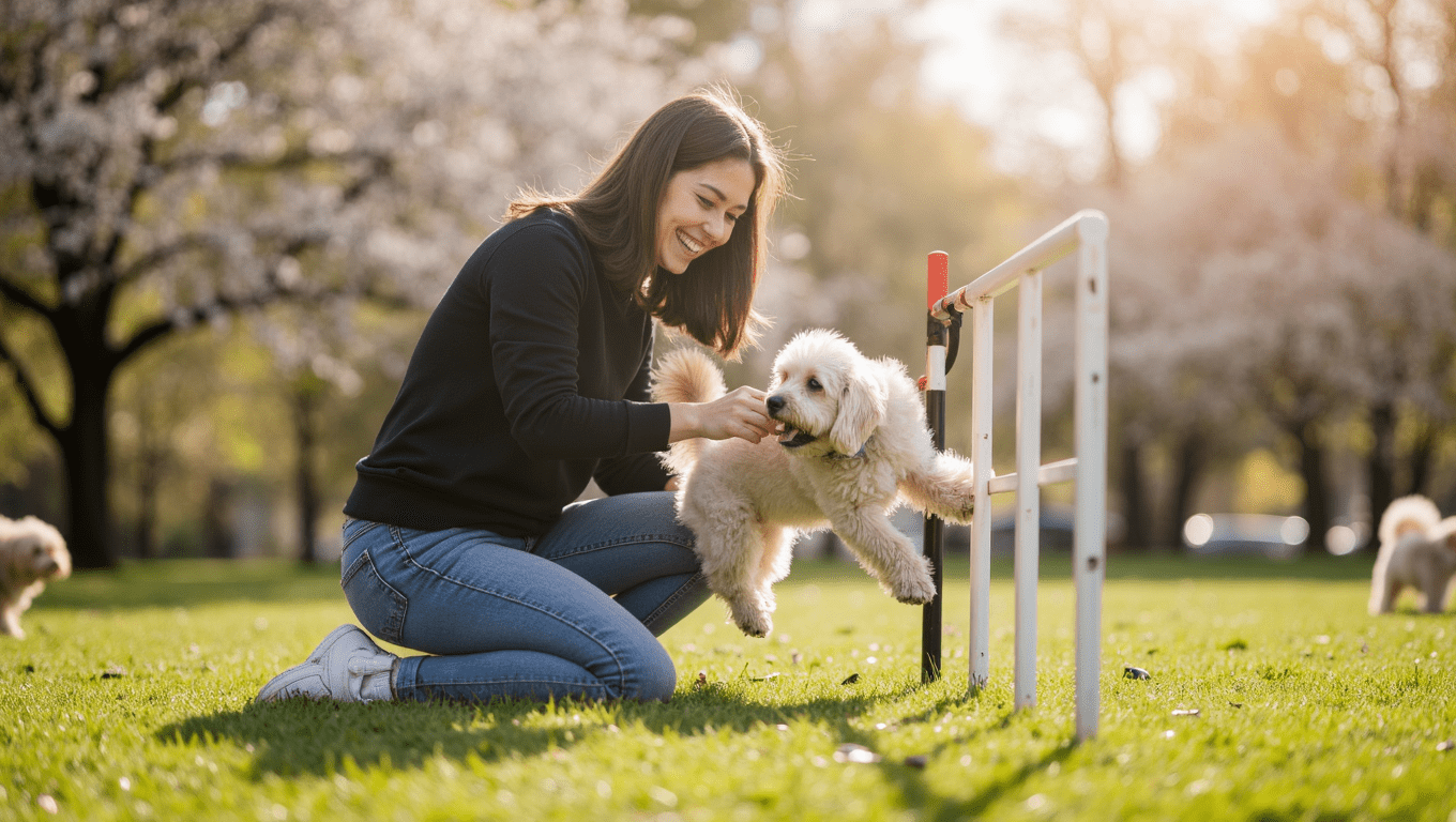 Cockapoo puppy sitting attentively during simple and effective training session in a bright living room.
