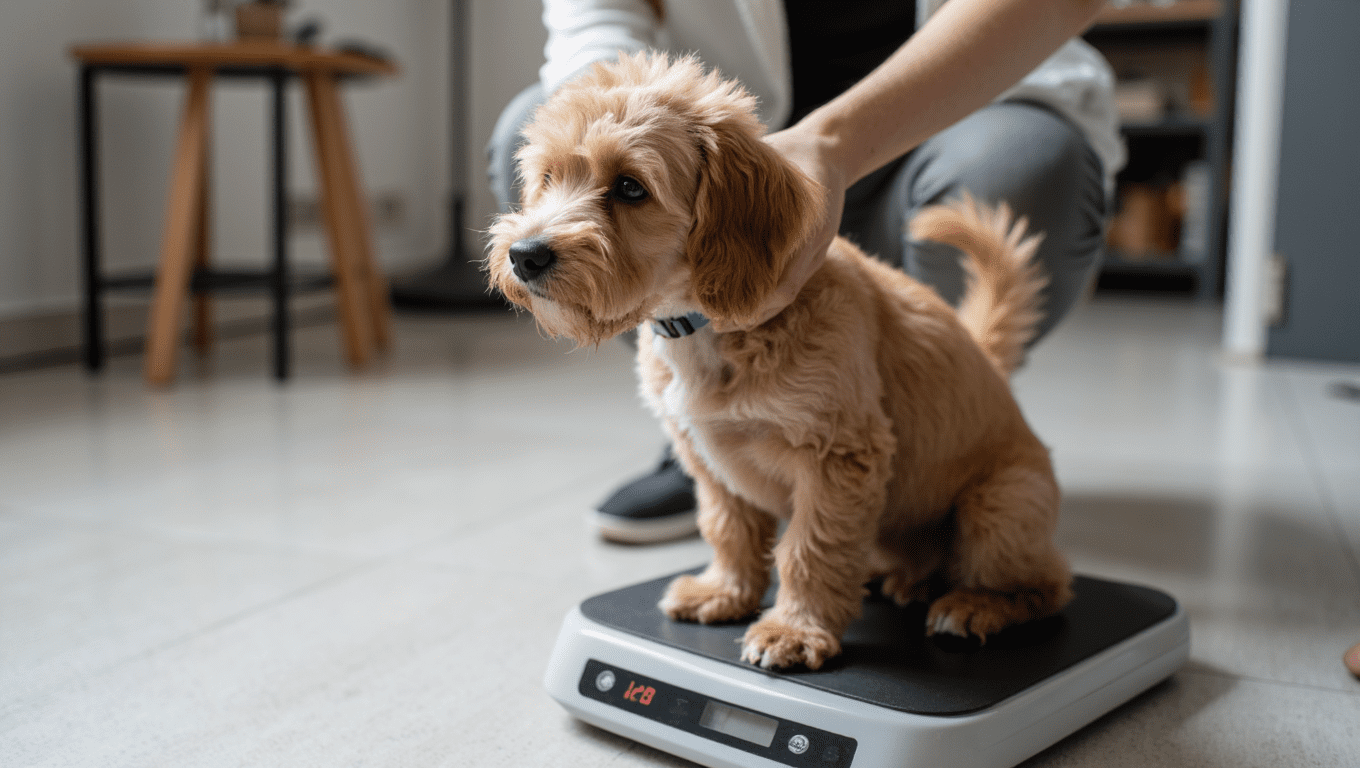 Cockapoo dog standing next to a weight chart guide for maintaining a healthy pet weight