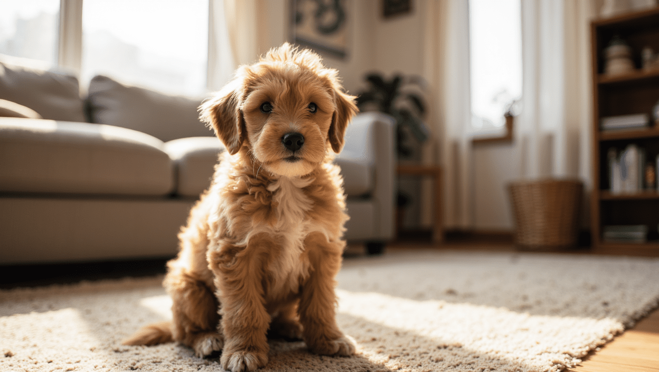 Cockapoo dog sitting on a grassy lawn, showcasing its hypoallergenic coat as an ideal allergy-friendly companion for families.