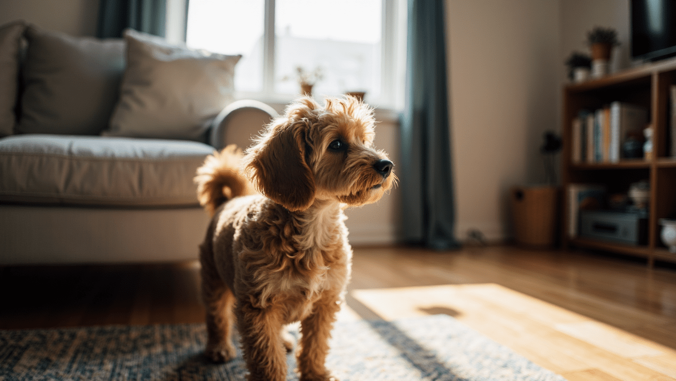 Cockapoos barking energetically in a backyard, showing their playful and vocal nature