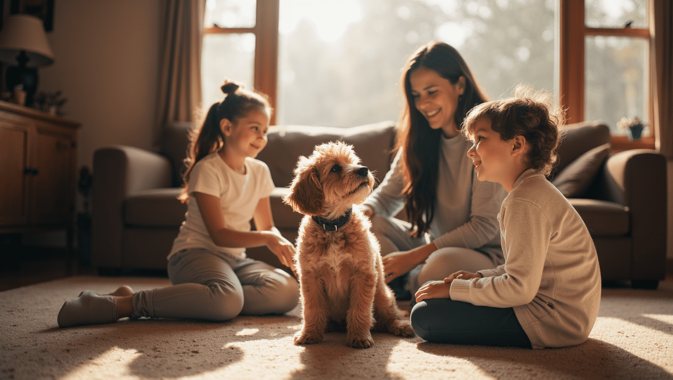 A happy Cockapoo dog sitting in a sunny backyard, showcasing why Cockapoos make great family pets with their friendly and playful nature.