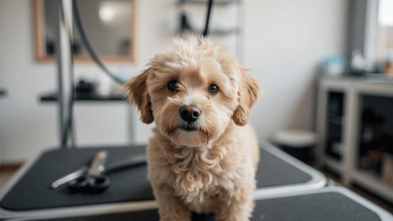 Cockapoo dog being groomed gently with a brush, highlighting simple tips to reduce moulting and maintain a healthy coat.