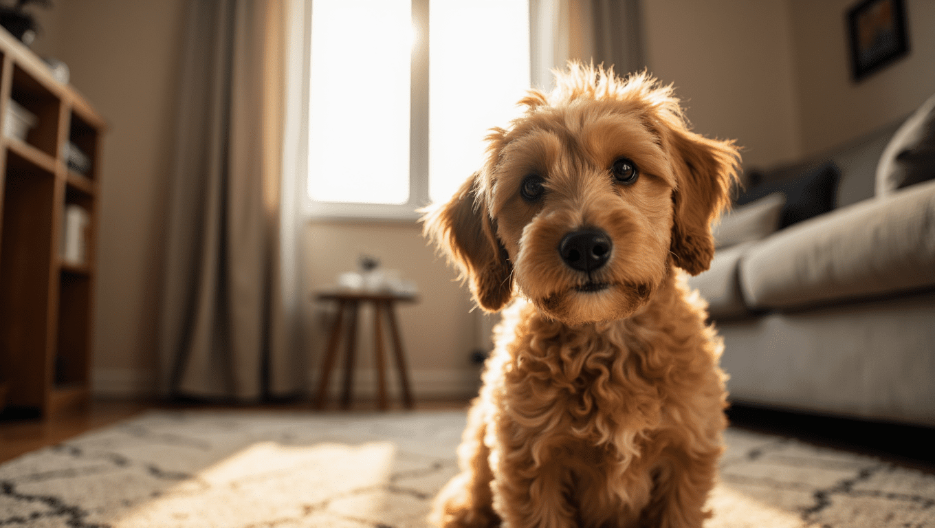 Close-up of a happy Cockapoo dog lying on a wooden floor, highlighting their low-shedding coat and friendly expression.