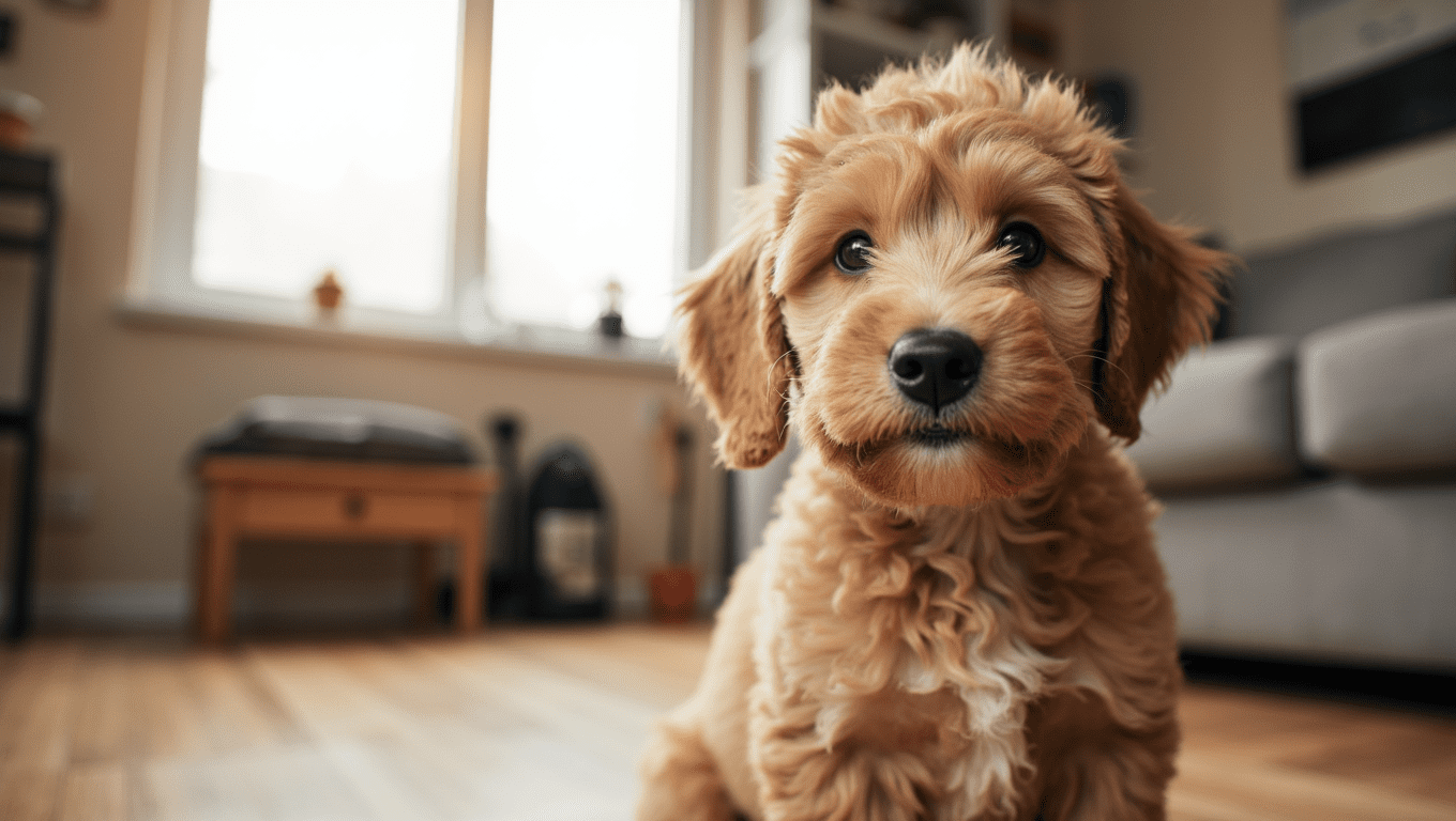 Close-up of a happy cockapoo dog with soft, curly fur highlighting the breed’s shedding characteristics.