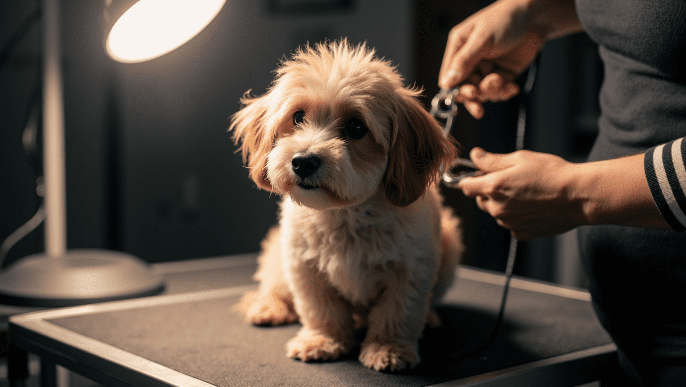 Close-up of a professional groomer trimming a Cockapoo's soft, curly coat for a neat, stylish haircut.