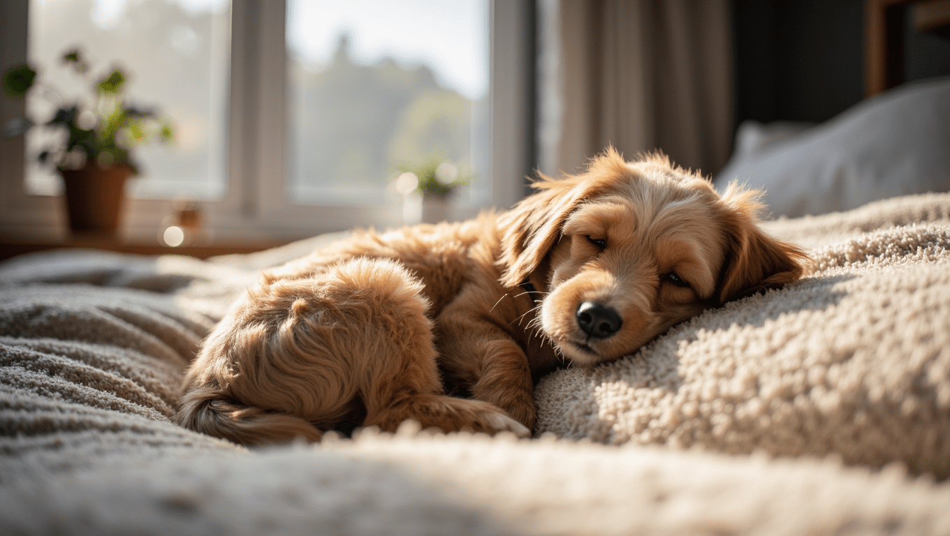 Calm and relaxed Cockapoo lying peacefully on a cozy blanket in a bright living room