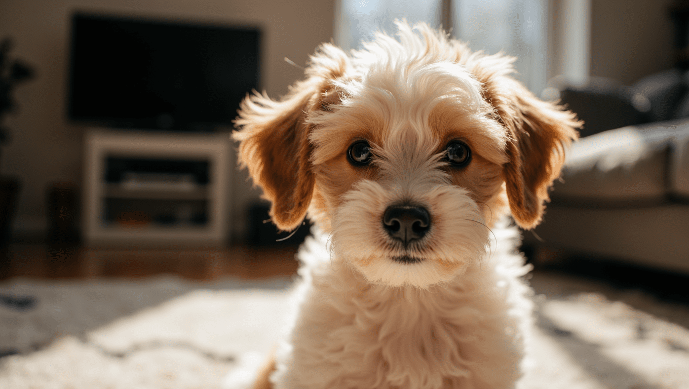 Close-up of a friendly F1 Cockapoo puppy sitting on a park bench, showcasing its soft curly fur and bright eyes, ideal as a perfect family companion.