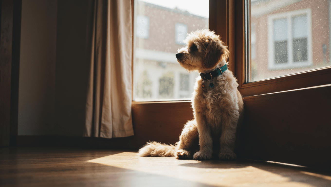 A calm Cockapoo dog resting comfortably at home, illustrating how long a Cockapoo can be left alone safely.
