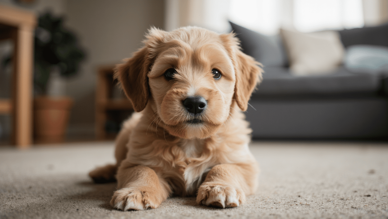 Happy Cockapoo puppy sitting obediently during proven training sessions, showcasing well-behaved and joyful pups.