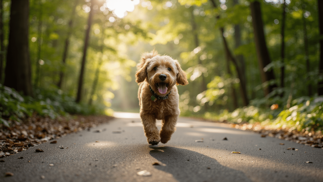 Cockapoo puppy happily walking outdoors on a sunny day during a long stroll.
