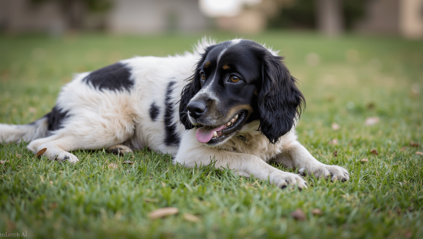 Fully grown cocker spaniel with glossy coat sitting outdoors on green grass
