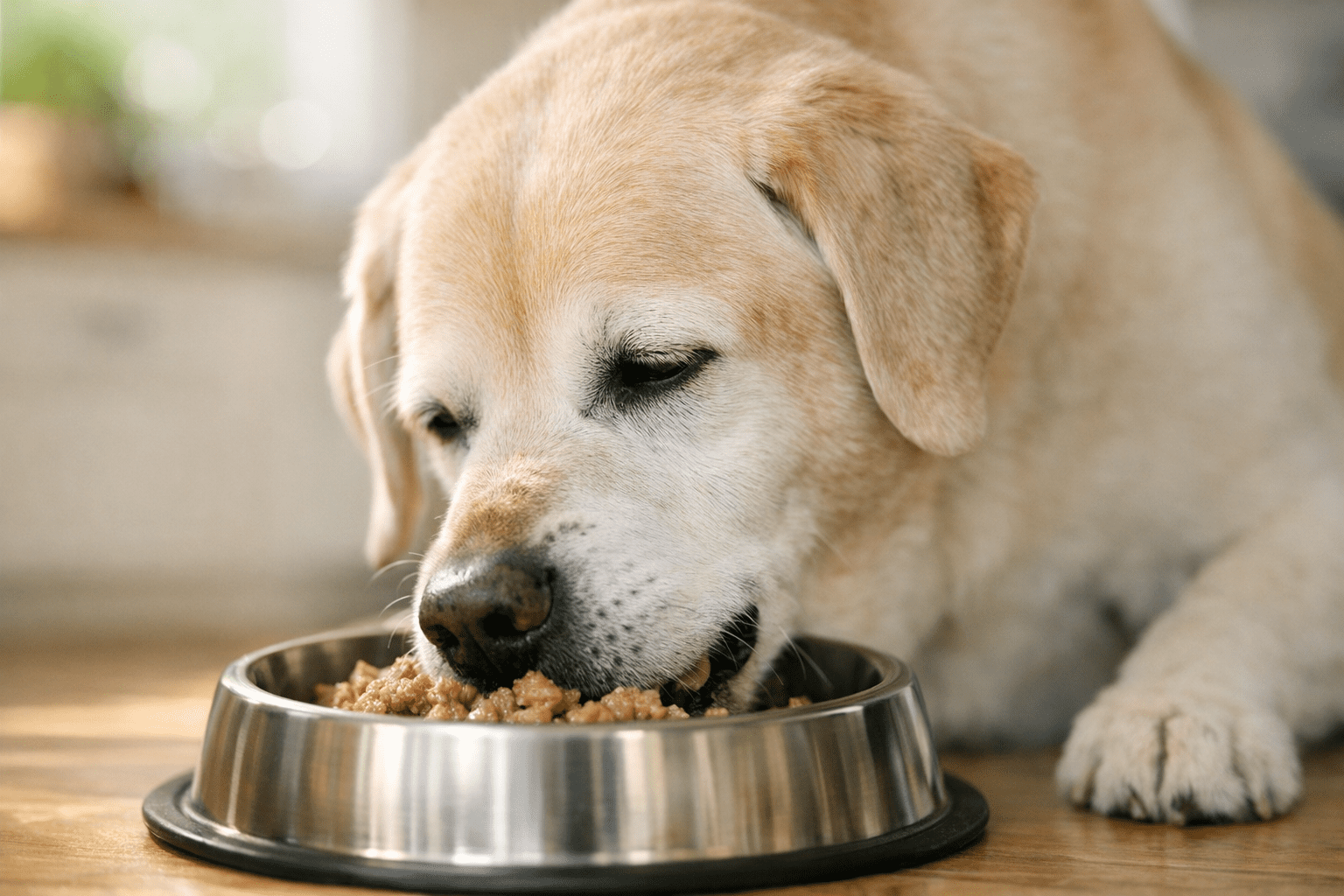 Senior dog eating soft fresh food from bowl