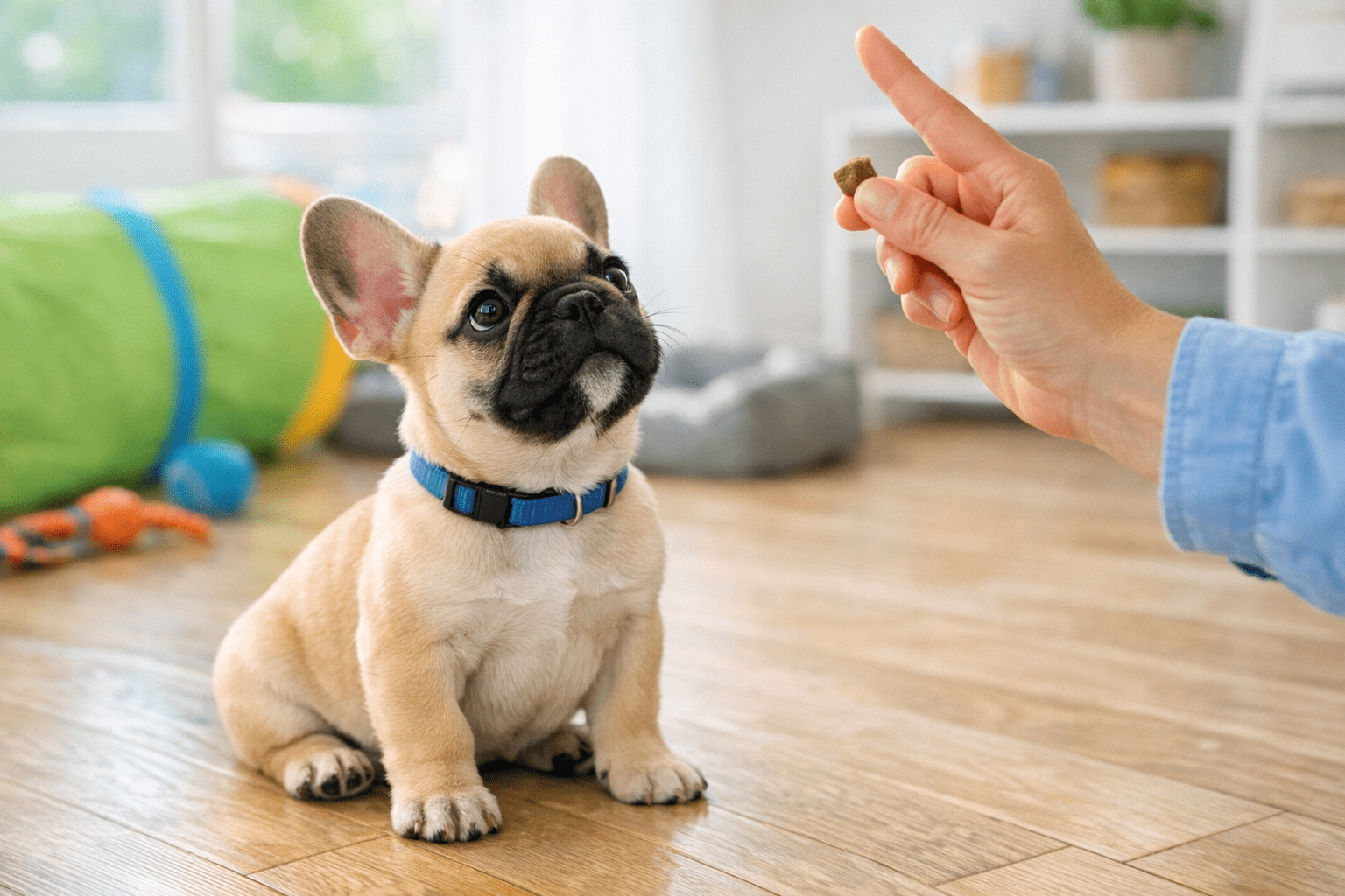 French Bulldog puppy learning training with treats