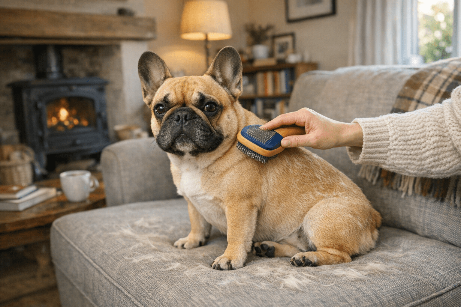 Do French Bulldogs shed dog being brushed indoors