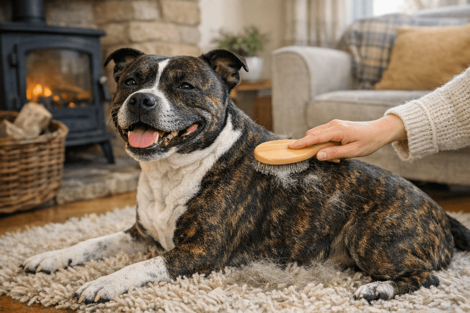 Staffordshire Bull Terrier being brushed at home
