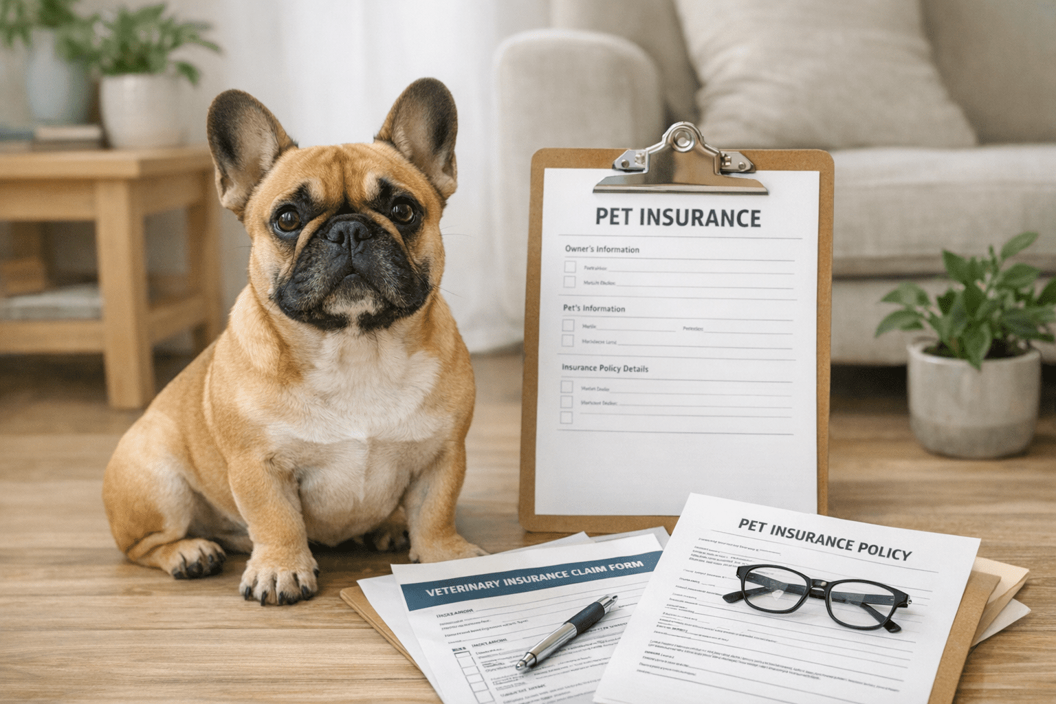 French Bulldog with insurance documents and vet chart