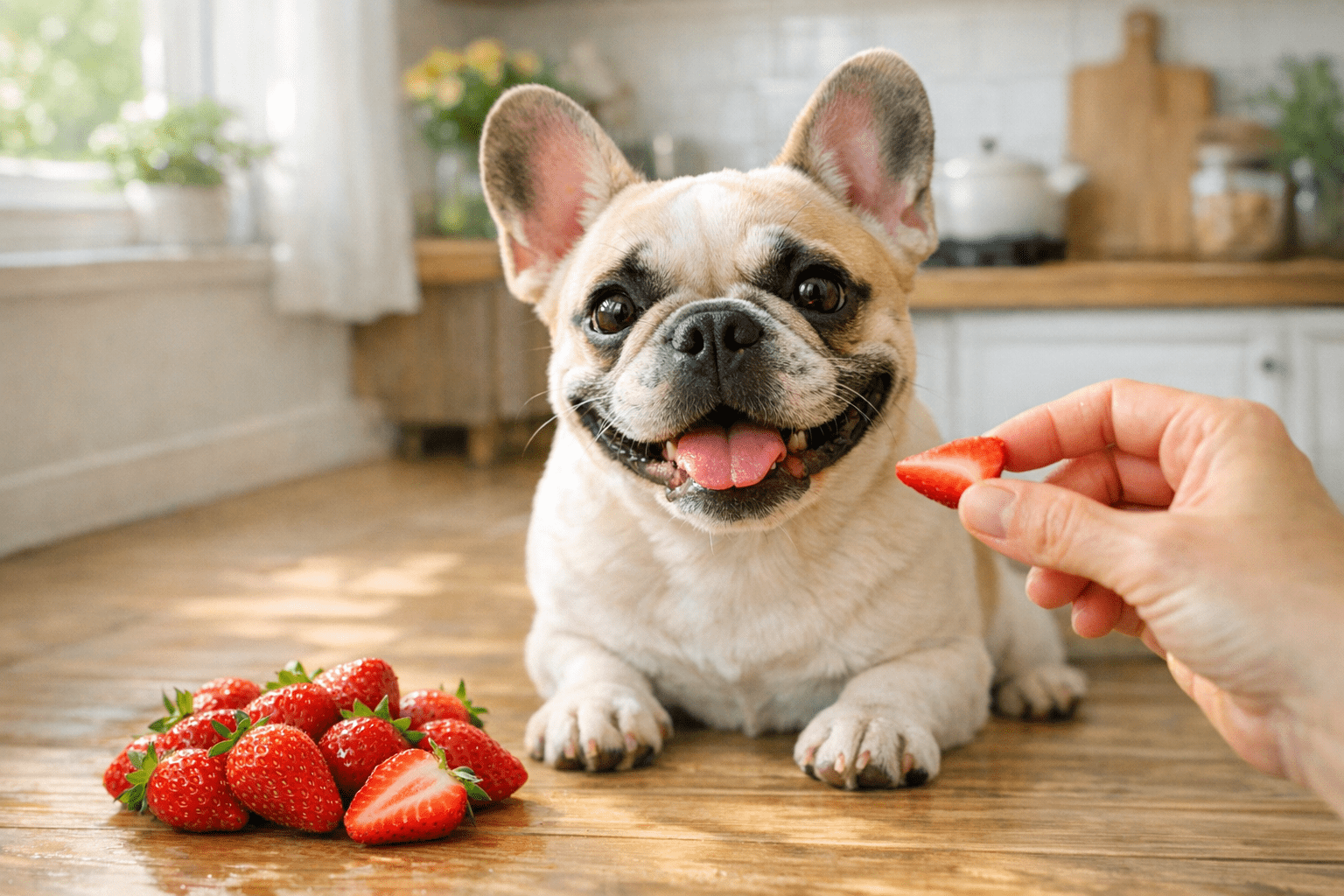 French Bulldog eating small strawberry pieces safely