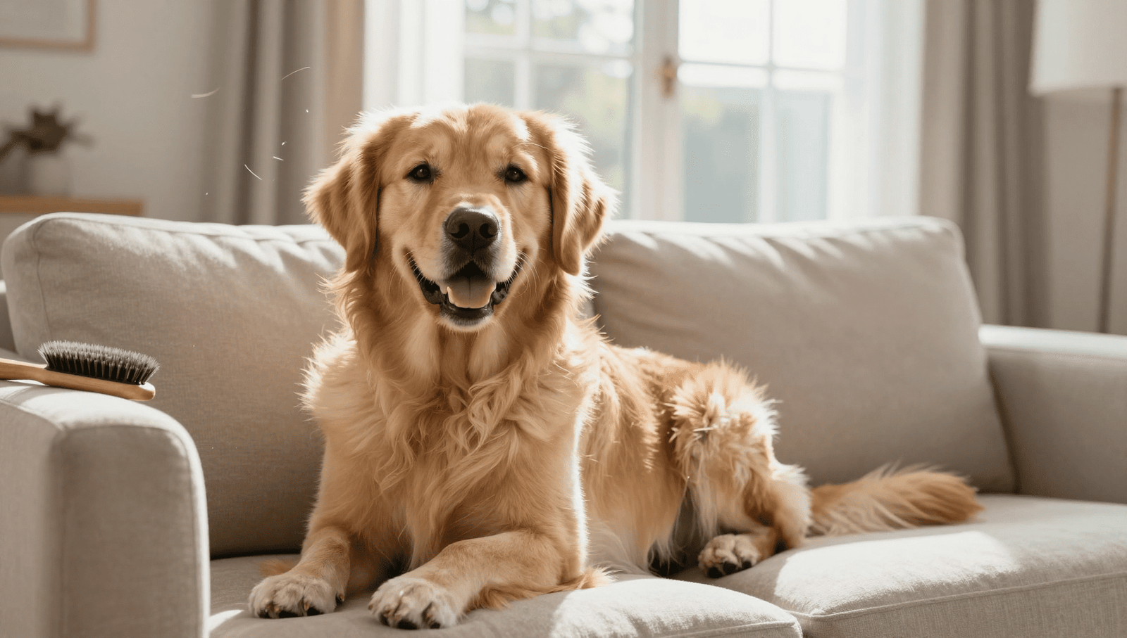 A fluffy Golden Retriever on a sofa, illustrating that golden retrievers shed a lot.
