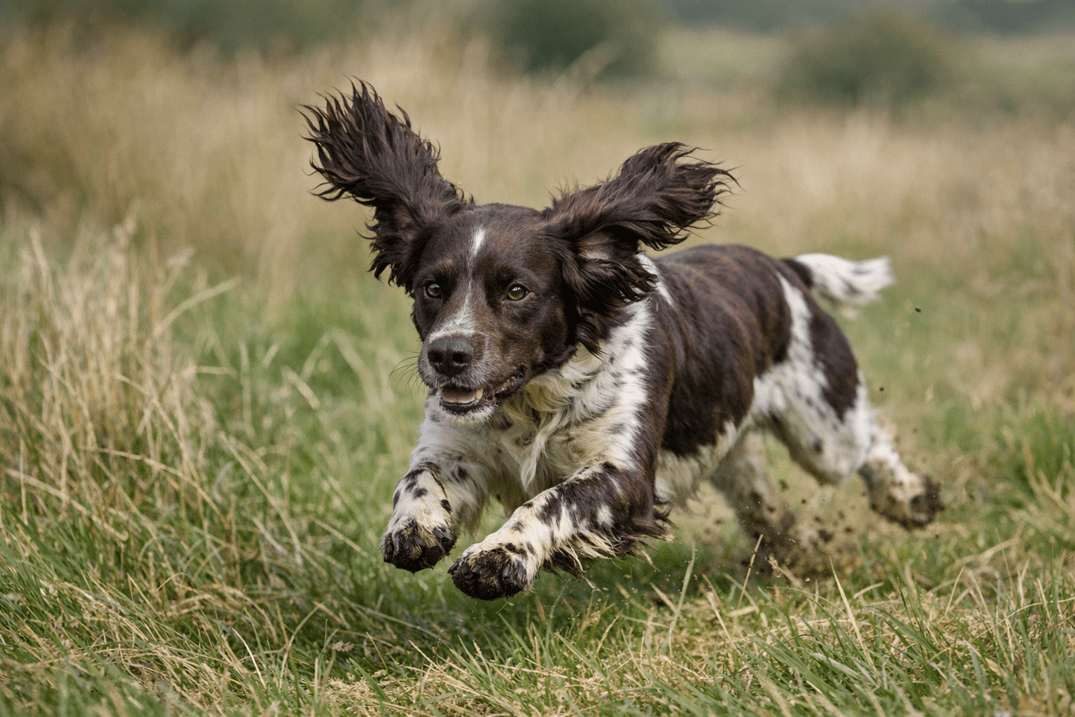 Working Cocker Spaniel running in hunting field