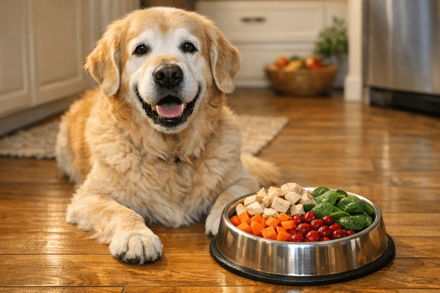 Senior Golden Retriever eating the best food for senior dogs from a bowl with fresh ingredients