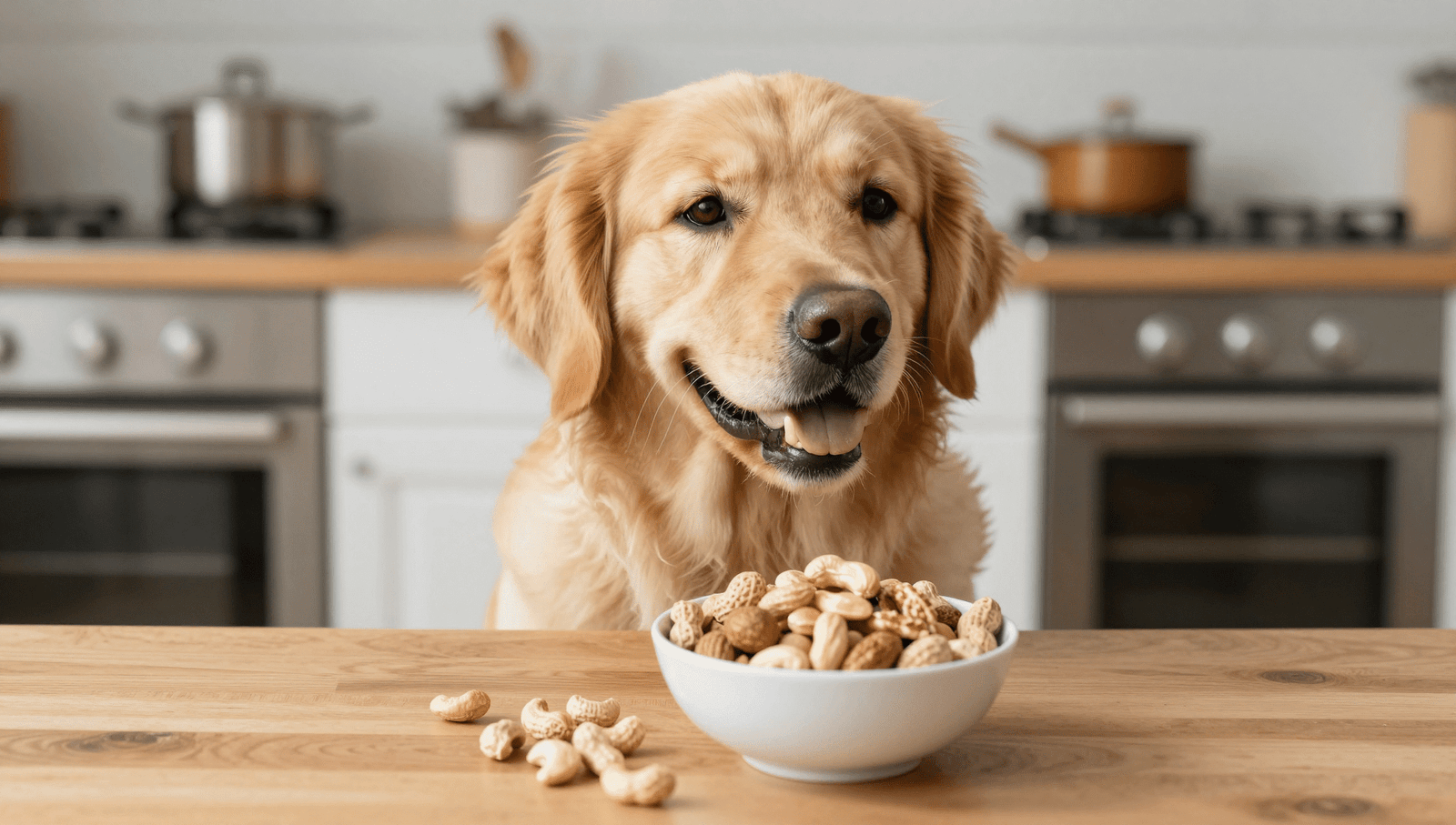 A golden retriever curiously looking at a bowl of nuts for can dogs eat nuts safely article