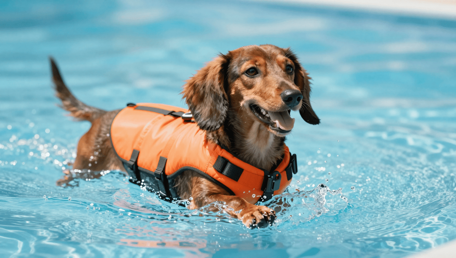 Do Dachshunds like to swim A happy long-haired Dachshund wearing a life jacket swimming in a pool