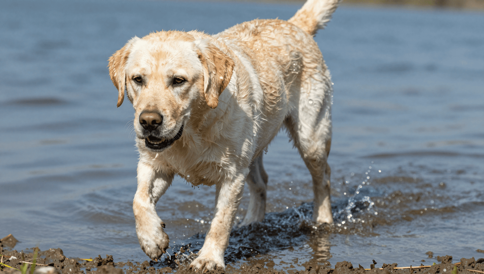 Close up of dogs with webbed feet stepping out of water