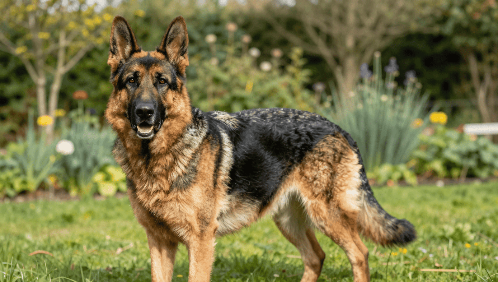 German Shepherd standing in a UK garden