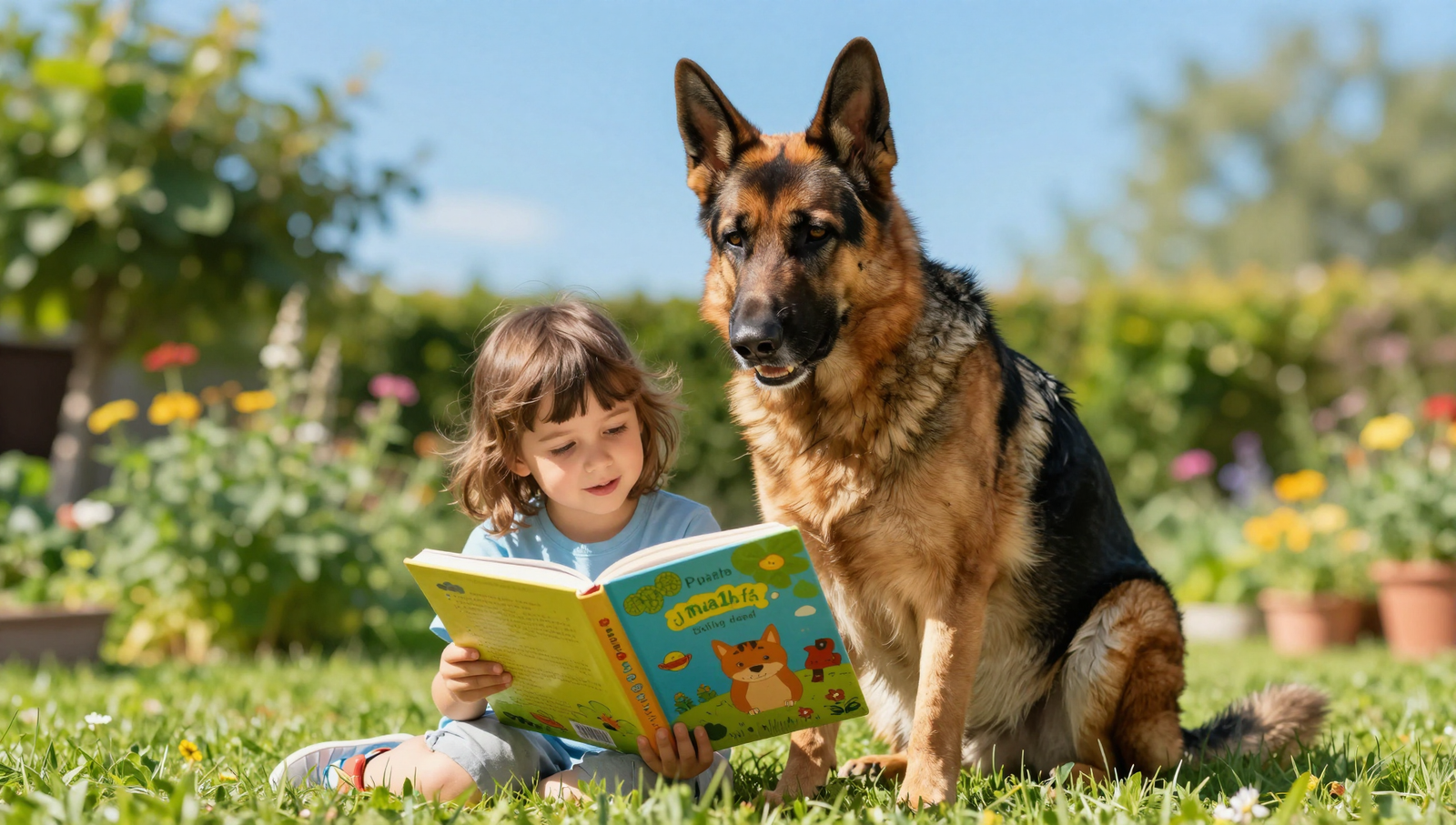 German Shepherd facts for kids - a child learning about the breed with a friendly dog