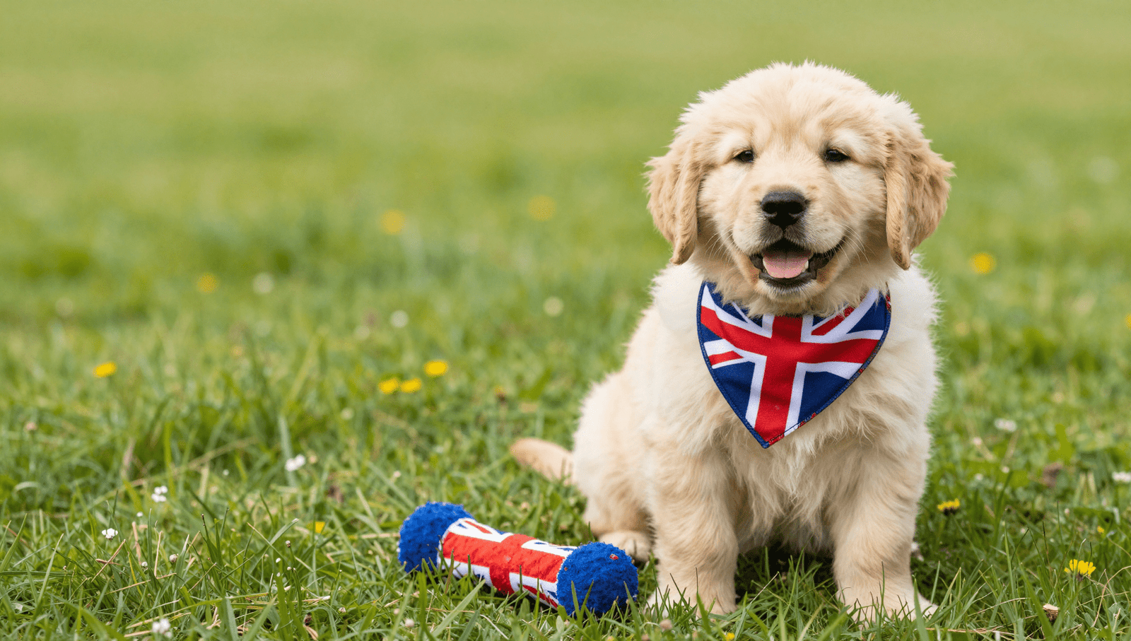 Golden retriever puppies playing in a sunny British field