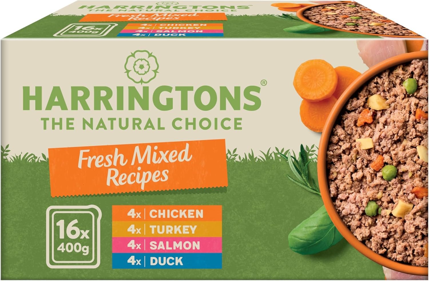 Harringtons wet dog food review with a happy dog and bumper pack.