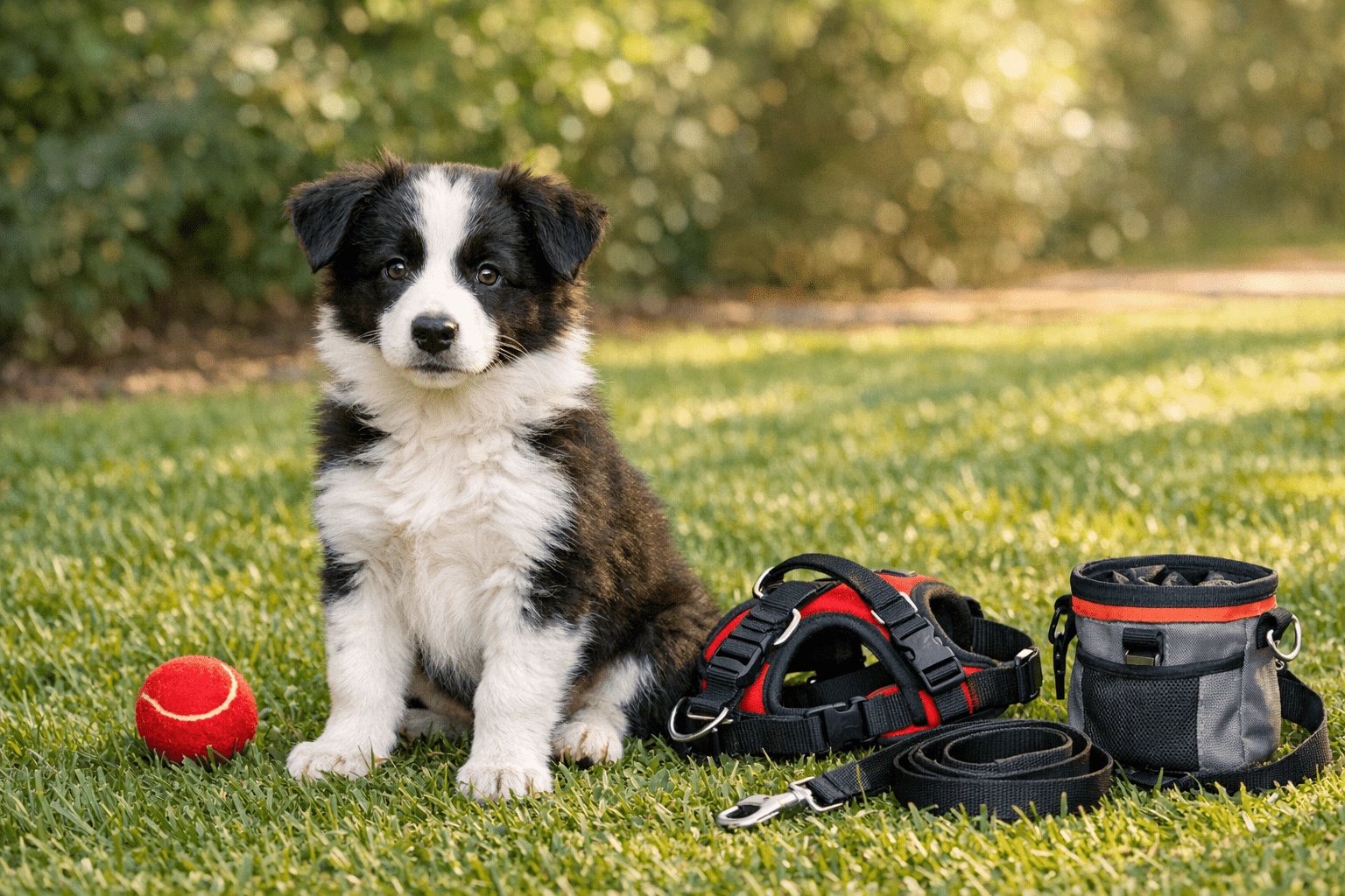 Border Collie puppy training with tennis ball and gear on lawn