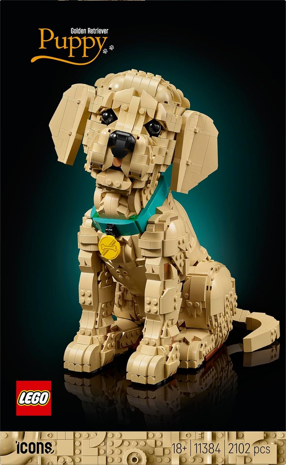 The LEGO Icons Golden Retriever Puppy model next to a real golden retriever puppy.