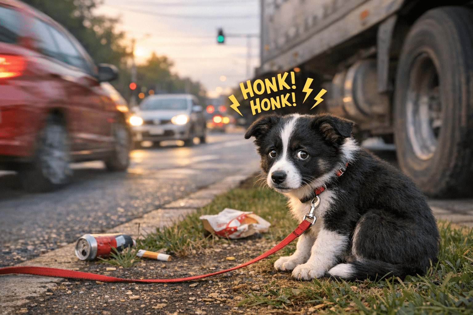 A Border Collie puppy showing signs of anxiety near traffic, a common mistake owners want to avoid with their dog.