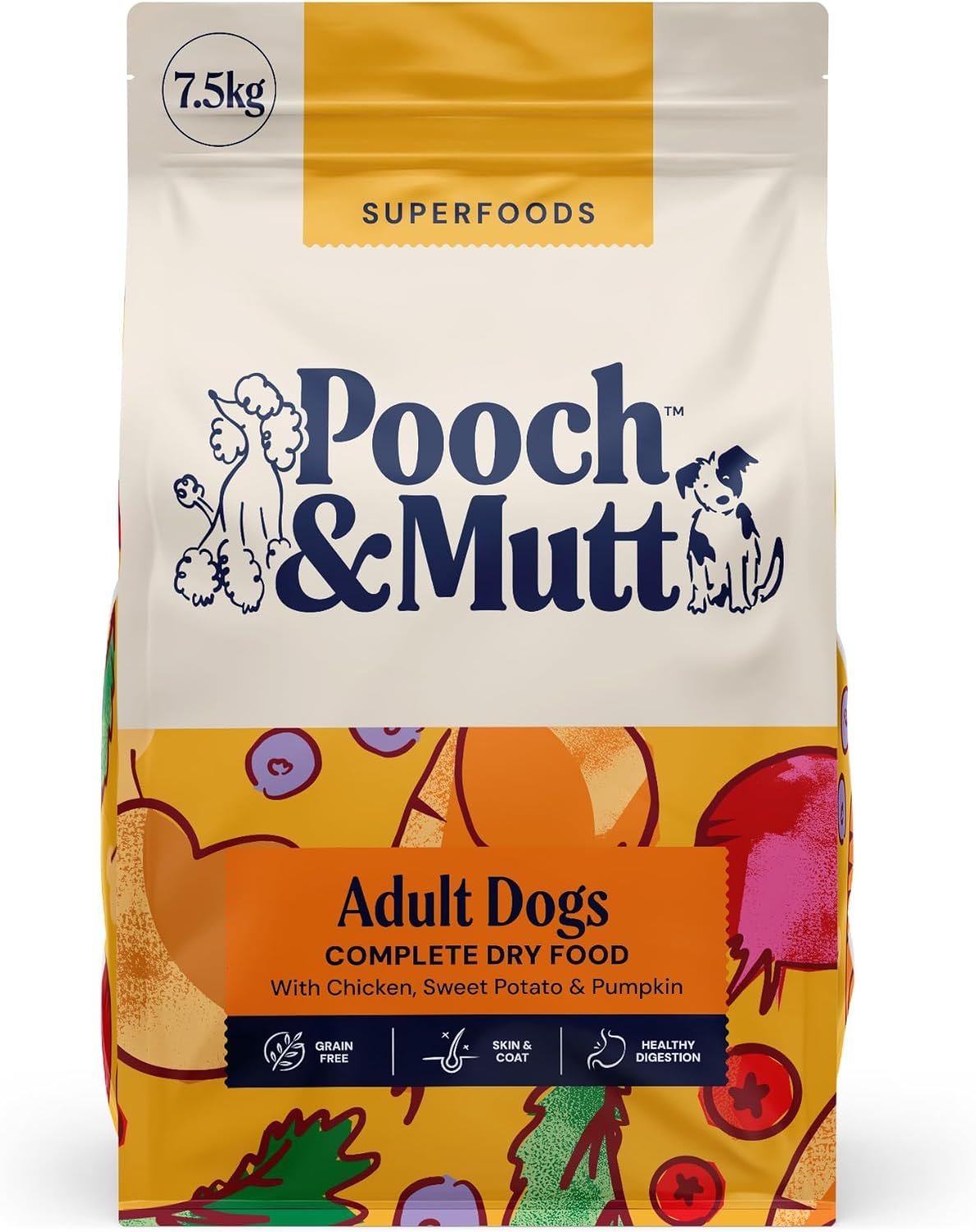 Pooch & Mutt - Adult Superfood Complete Dry Dog Food Grain Free served in a dog bowl with fresh ingredients nearby