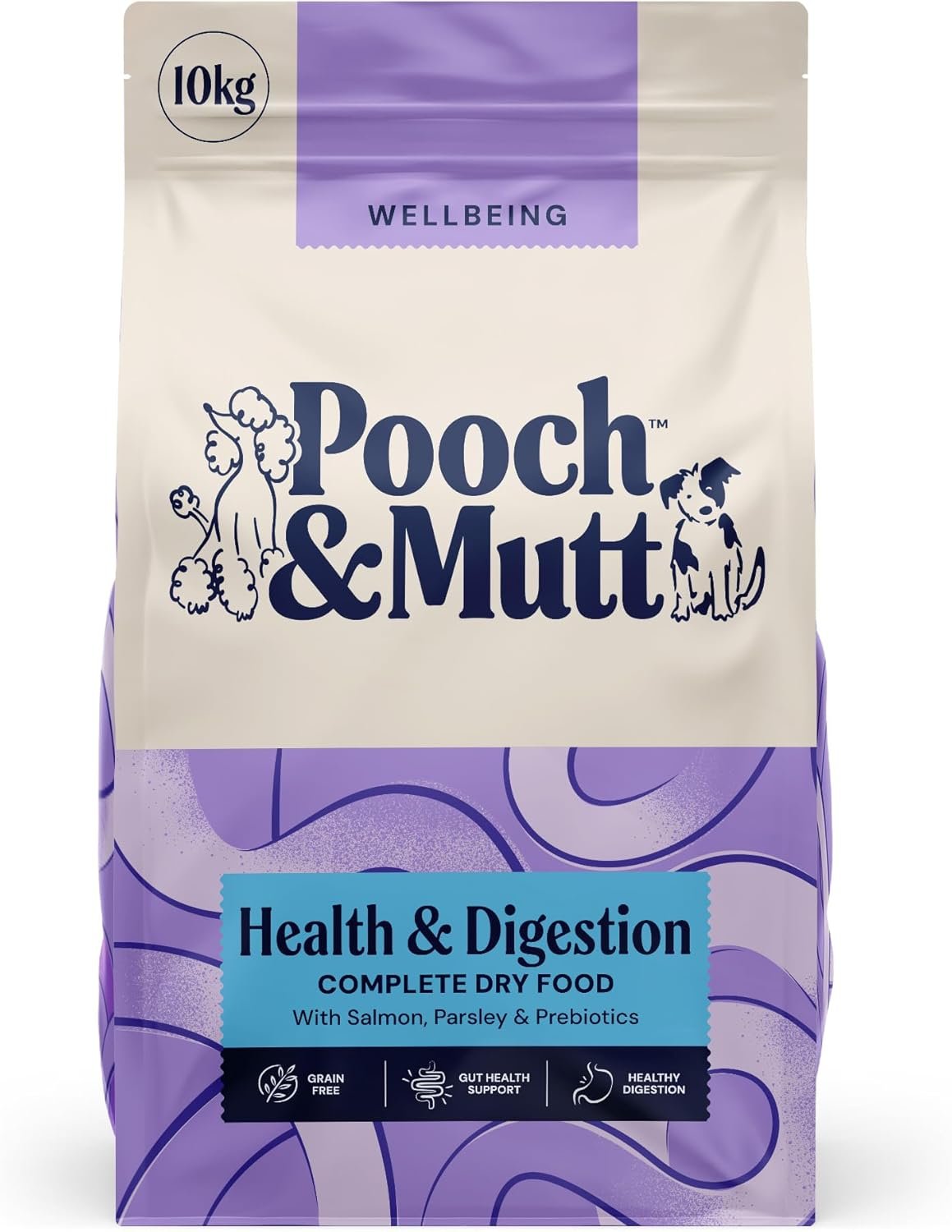 Pooch & Mutt Health & Digestion dog food bag with happy golden retriever enjoying the kibble