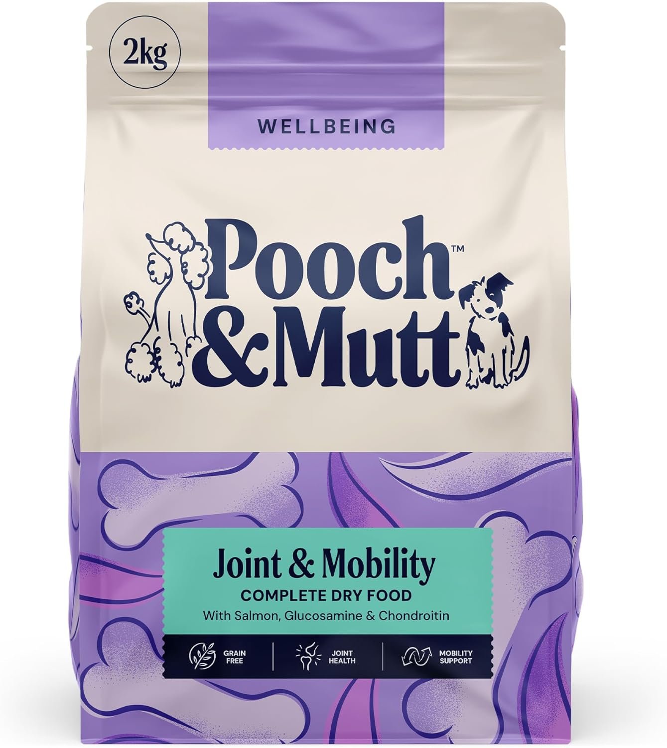Golden retriever running in park with Pooch & Mutt Joint Care Dog Food bag nearby