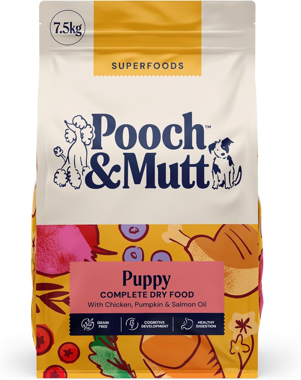 Happy puppy eating Pooch and Mutt Puppy Superfood Complete Dry Dog Food Grain Free from a stainless steel bowl