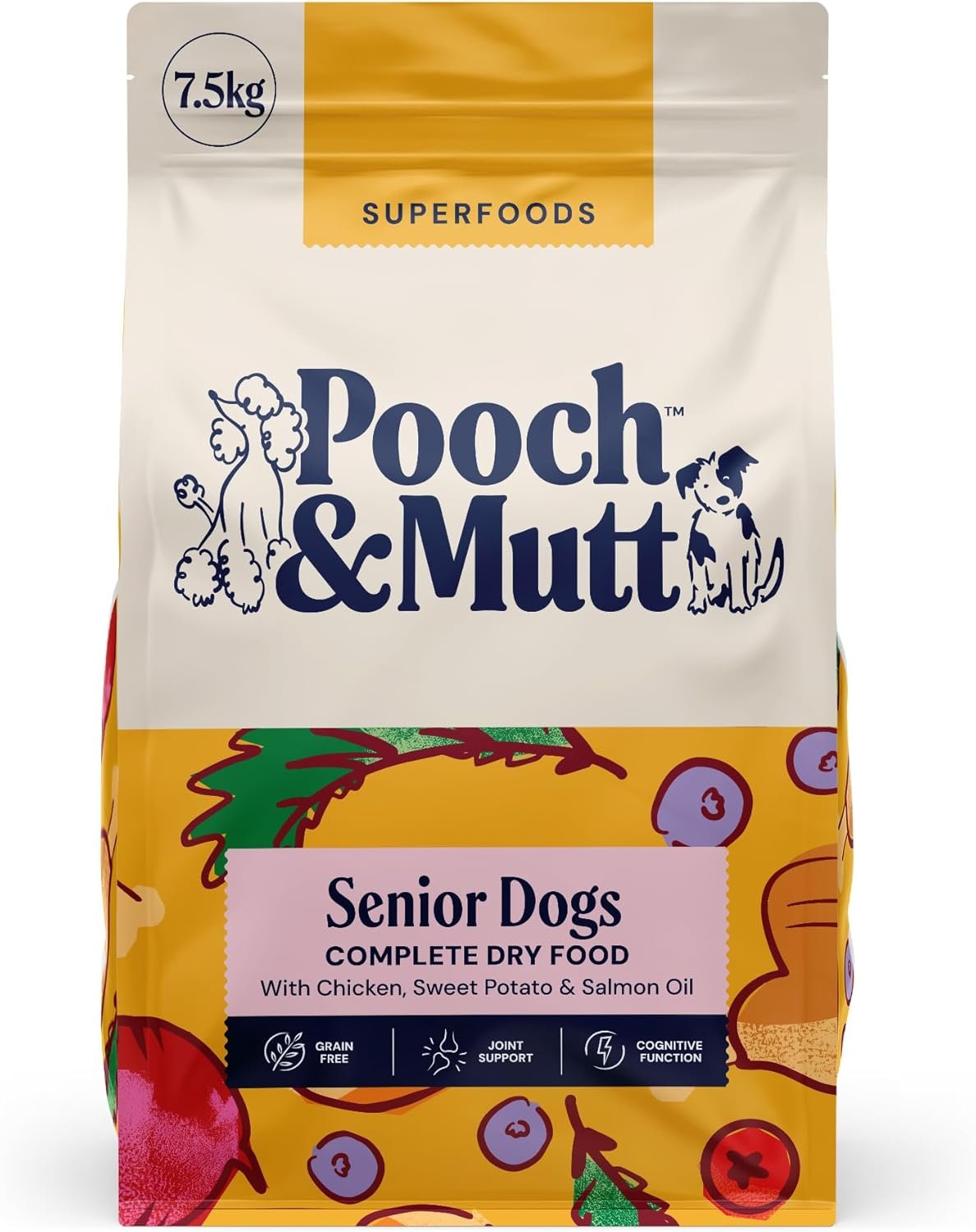 Pooch & Mutt Senior Superfood Complete Dry Dog Food Grain Free bag beside a happy senior golden retriever