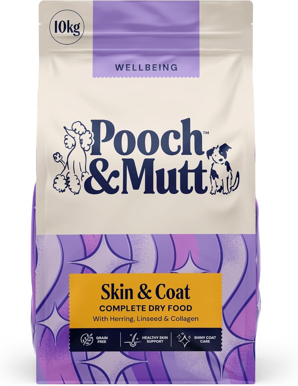 Golden retriever enjoying Pooch & Mutt Skin & Coat Dog Food with shiny healthy coat