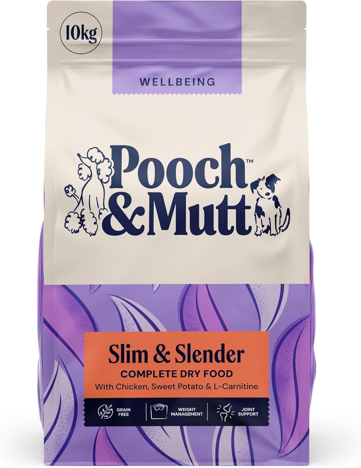 Pooch & Mutt Slim & Slender Dog Food being eaten by a happy dog in a kitchen