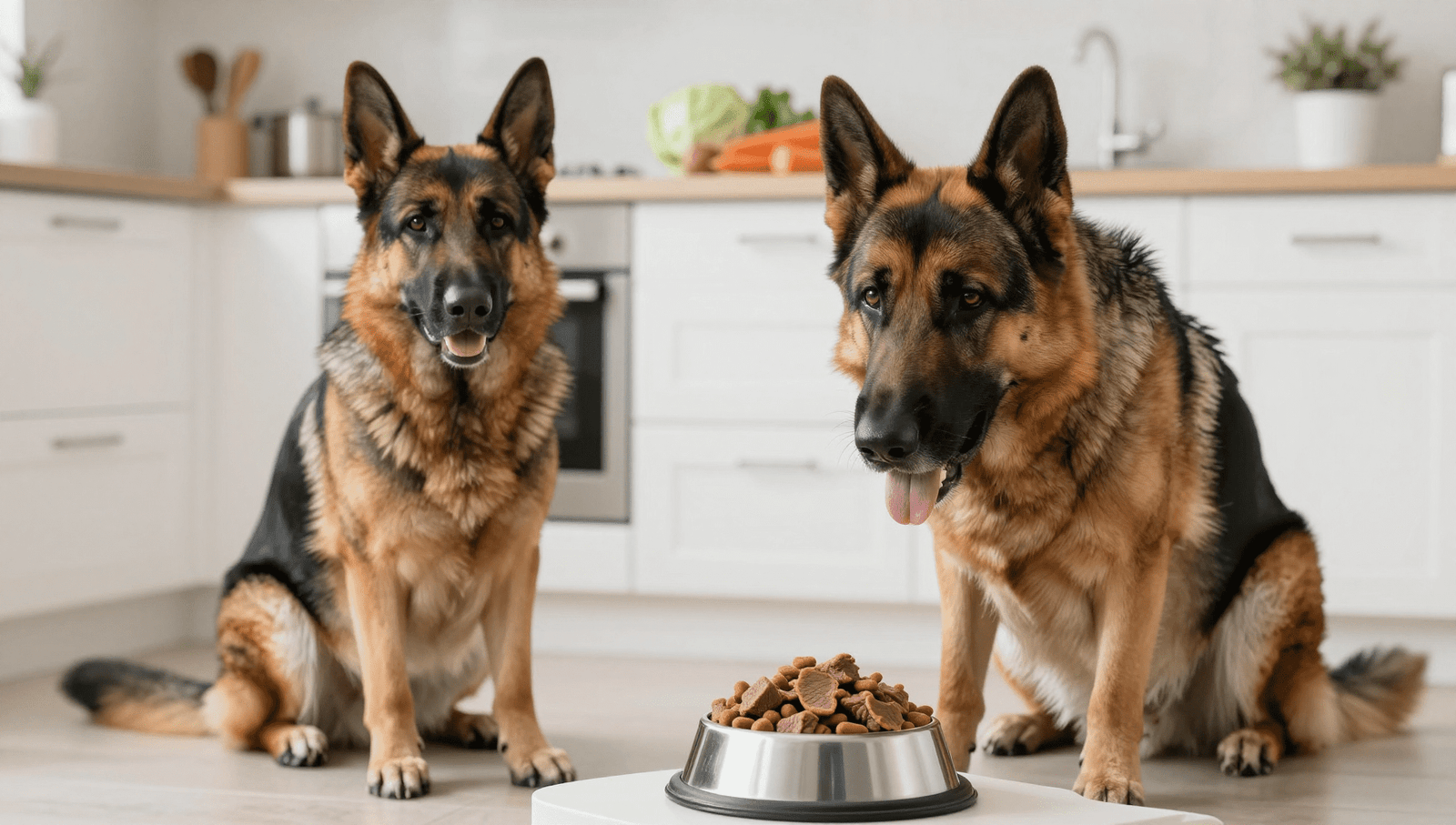 What is the best food for a German Shepherd – healthy dog eating from bowl in UK kitchen