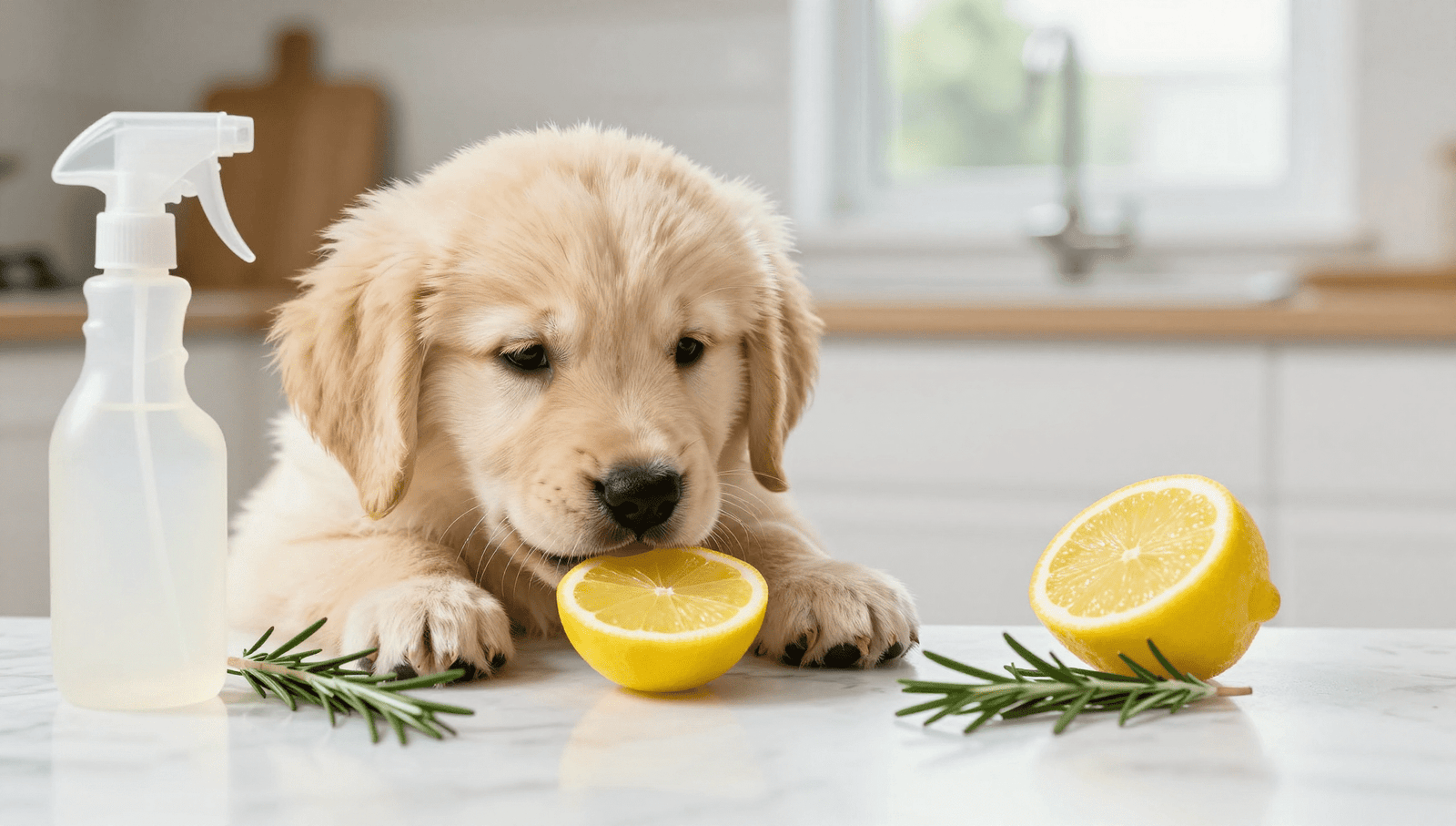 What smells do dogs hate – a golden retriever puppy recoiling from a lemon slice.