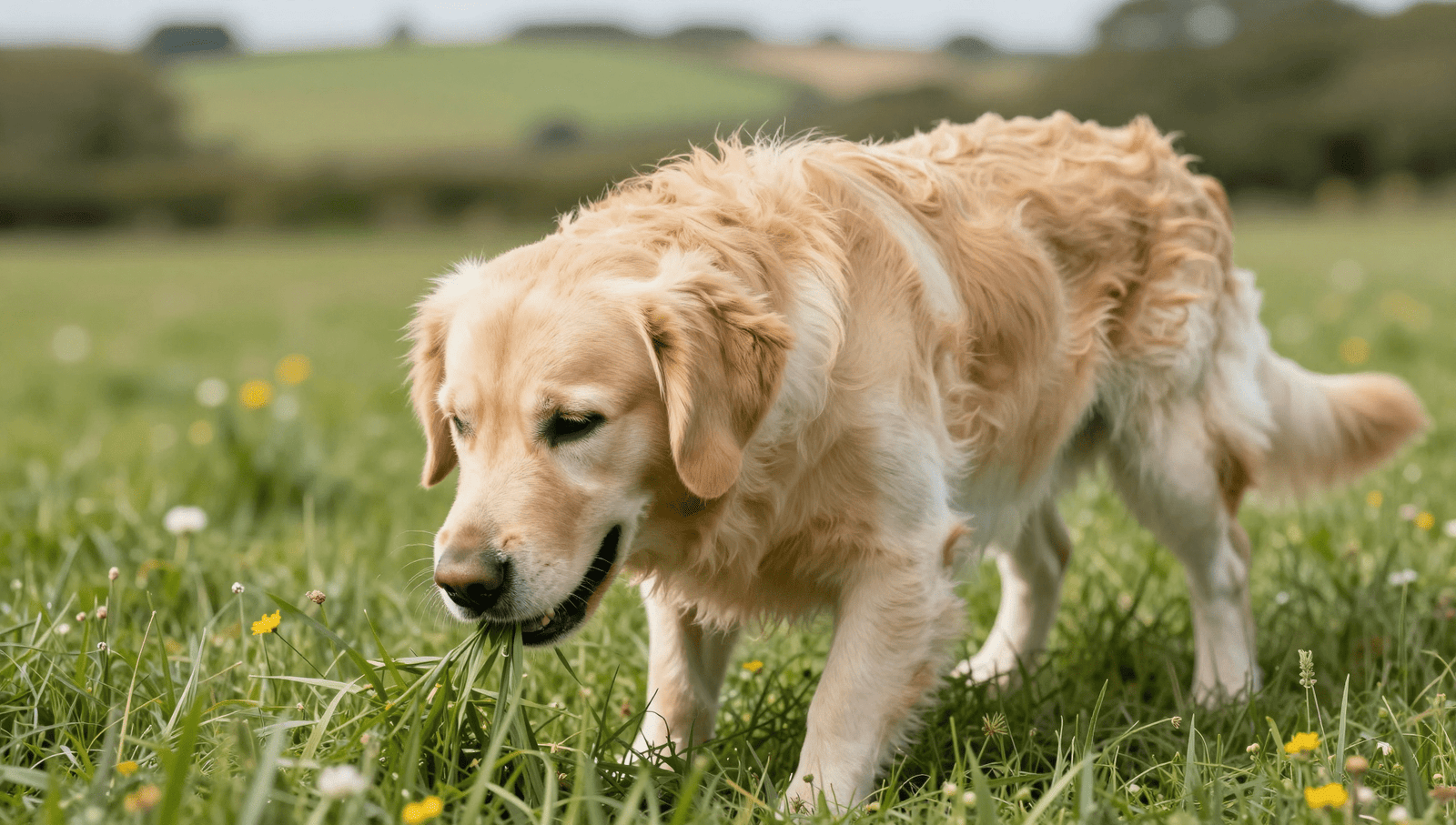 Why dogs eat grass – golden retriever grazing in UK countryside