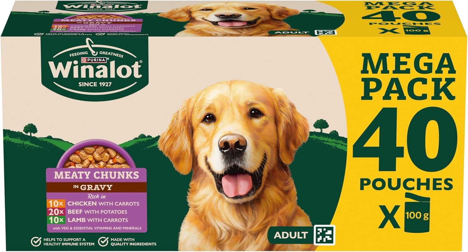 Dog eating WINALOT dog food from bowl with gravy pouches